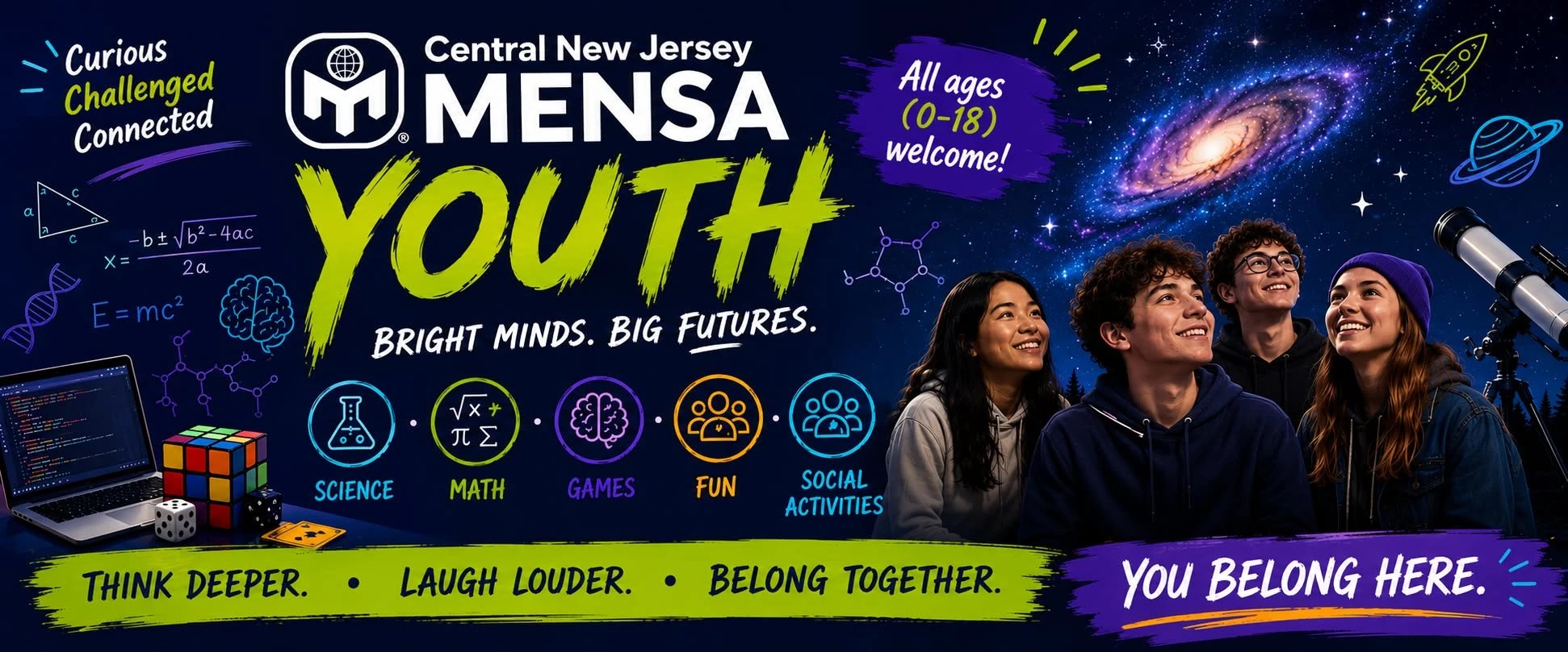 Central New Jersey Mensa Youth — Bright Minds, Big Futures. Science, Math, Games, Fun, and Social Activities. You Belong Here.